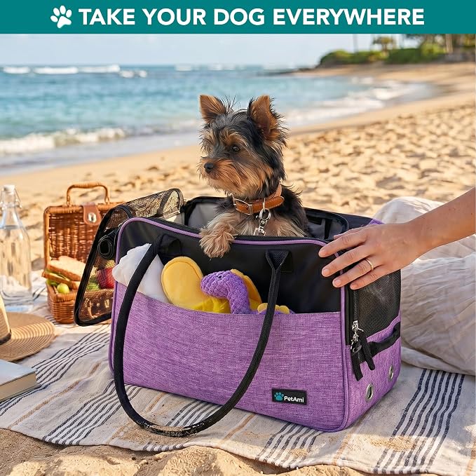 PetAmi Dog Purse Carrier for Small Dogs Cats, TSA Airline Approved Soft-Sided Pet Carrier with Pockets, Ventilated Travel Tote Bag with Bed & Shoulder Strap, Puppy Kitten, Max 12 lbs, Purple