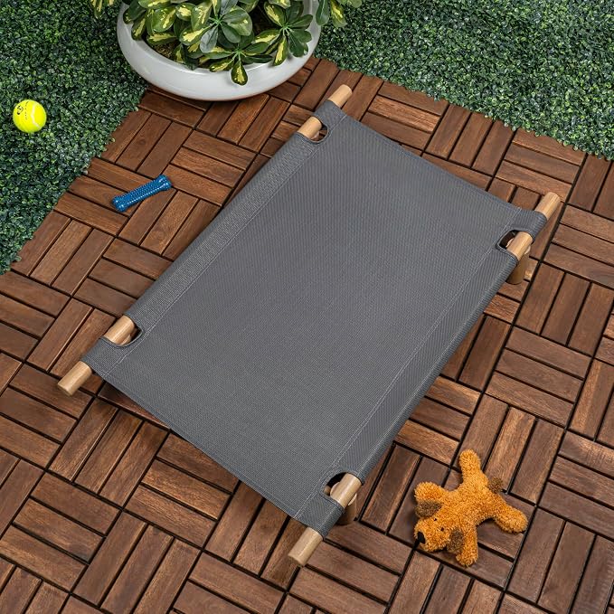 DBD5000B Chester 32" Modern Minimalist Wood Frame Elevated Outdoor Dog Bed, Graphite/Light Teak