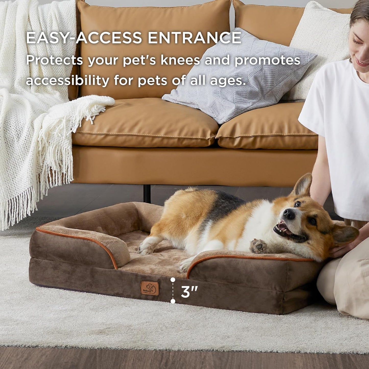 Bedsure Orthopedic Dog Beds Large Sized Dog - Washable Large Dog Cat Bed Waterproof, Comfort Dogs Couch Sofa with Washable Removable Cover, Pet Bed with Nonskid Bottom, Brown, 35"