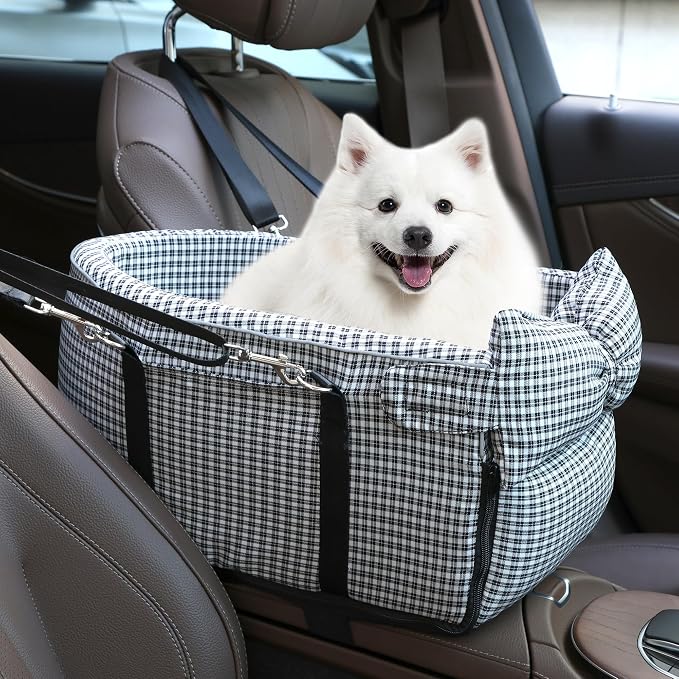 Center Console Dog Car Seat Dog Bed for Car Console Portable Armrest Booster Seat Carrier for Small Medium Dogs Anti-Collapse for Puppy Pet Up to 15 Lbs(Grid Black)