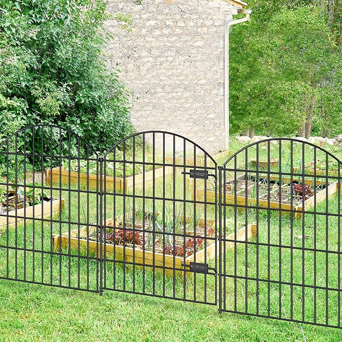 FOREHOGAR Metal Garden Fence with Gate 36in (H) x 23.3ft (L), 1 Gate+ 9 Panels Dog Fence Border Fence Animal Barrier, No Dig Garden Fencing for Yard Flower Bed Lawn Patio Outdoor, ECG3610, Black