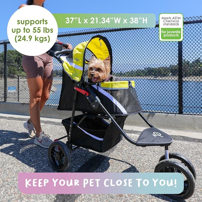 Petique Revolutionary Durable Pet Stroller, Easy Fold, Quality mesh Windows, Large Storage Basket, Secure Cup Holder Tray, Small/Medium Dogs, Cats and Pets, Supports up to 55LBS - Sunshine (Yellow)