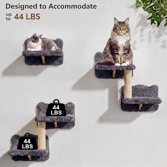 9-in-1 Cat Wall Shelves, Cat Wall Furniture Set with Bridge, Grey | Wall Mounted Cats Shelf for Space-Saving, Multi-Level Cat Climbing Systems for 16 Inch Drywall, with Scratching Posts, Condos