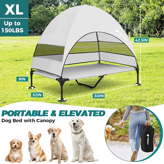 Outdoor Elevated Dog Bed with Canopy for Large Dogs, Grey, XL | Breathable Raised Cot with Shade, Tool-Free Setup for Patios, Backyards and Camping