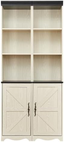 Storage Cabinet with Adjustable Shelves | Open Display Cubbies & Closed Barn Door Storage 3D Wood Grain Finish MDF Bookcase for Bedroom Living Room Office