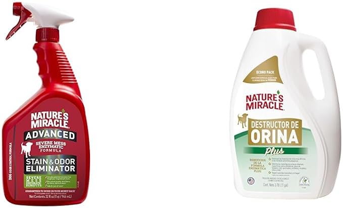 Nature's Miracle Urine Destroyer Plus for Dogs, Enzymatic Formula for Severe Dog Urine Stains, 1 gal & Advanced Dog Stain and Odor Eliminator Spray, Severe Mess Enzymatic Formula, 32 fl oz