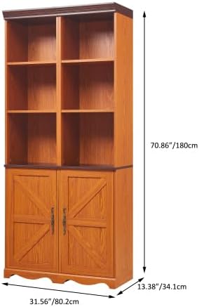 Storage Cabinet with Adjustable Shelves | Open Display Cubbies & Closed Barn Door Storage 3D Wood Grain Finish MDF Bookcase for Bedroom Living Room Office