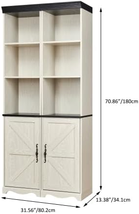 Storage Cabinet with Adjustable Shelves | Open Display Cubbies & Closed Barn Door Storage 3D Wood Grain Finish MDF Bookcase for Bedroom Living Room Office
