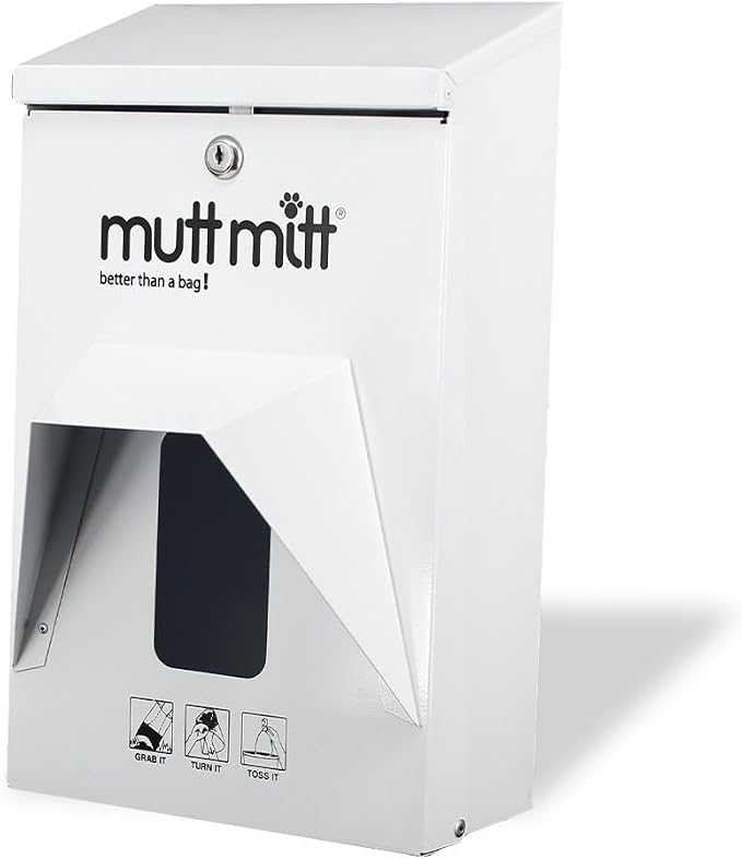Mutt Mitt® Aluminum Dog Waste Dispenser - Header Bag Style (White) | Rust-proof aluminum header bag dispenser, gloss white finish, locking hood, fits all 5" header bags, hardware included