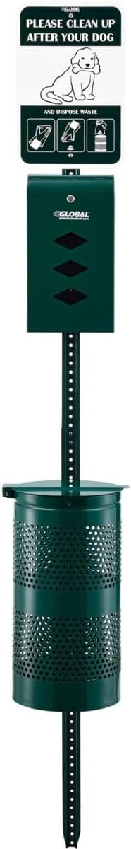 Global Industrial 695795 Steel Pet Waste Station with Rolled Waste Bags - Green