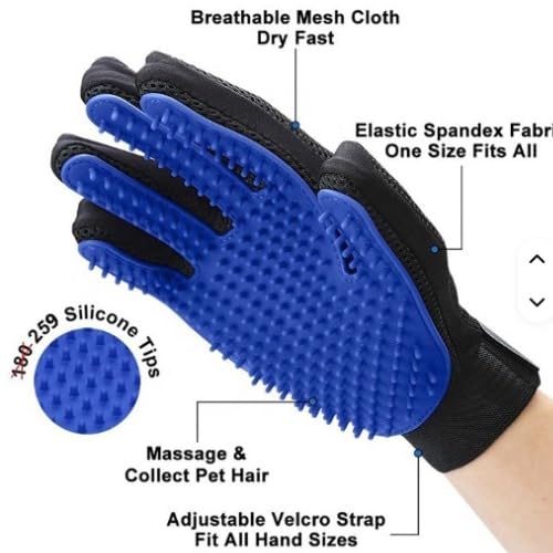 Pet Grooming Glove, Blue and Black, Deshedding Brush Mitt for Dogs and Cats (1 Pair).