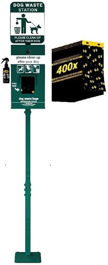 Pemberly Row Mini Pet Waste Station, 76 in Galvanized Steel, Green Powder Coated Finish, Pull Out Bag Dispenser, Hand Sanitizer Bottle Included, Glow-in-the-Dark Signage for Outdoor Use