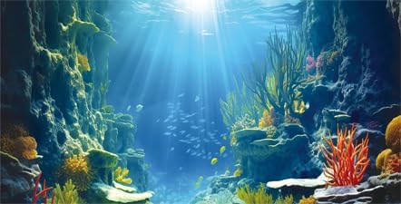 36X24IN Blue Sea Floor Aquarium Background, Natural Underwater World 3D Effect Fish Tank Decorations Background, Art Terrarium Background with 8 EVA Double-Sided Tape