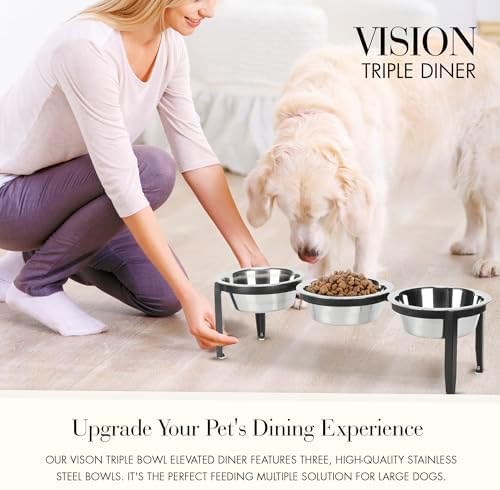 Vision Triple Diner - 3 Bowl Dog Feeder - Small to Medium Dogs - Multi-Dog Feeding Station - UV Weather Resistant - No Noise - Indoor/Outdoor (Black, Small - 5.5" Ht)