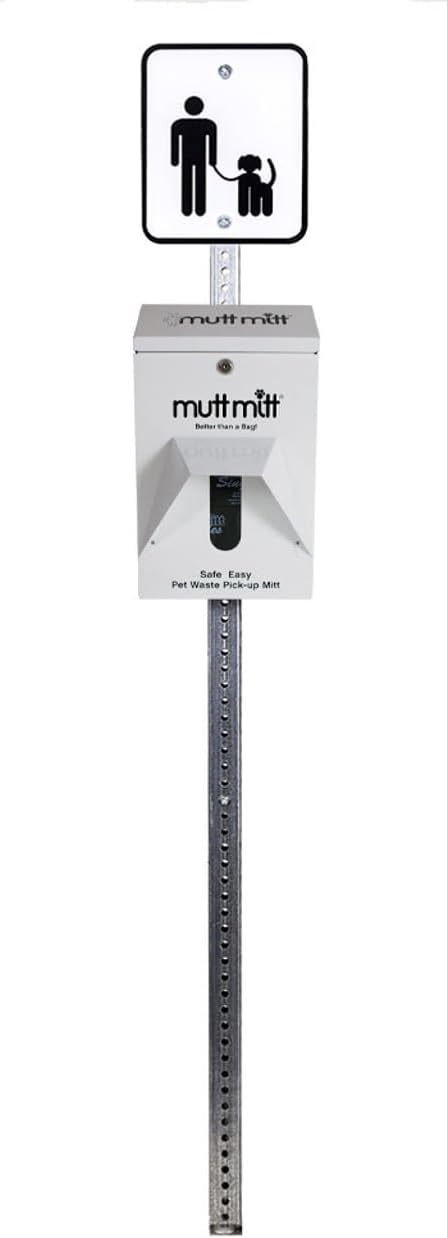 Mutt Mitt® Aluminum Mini Dog Waste Station - Gloss White | Singles | Full-height aluminum station with sign, 400 header bags, locking dispenser, & post | install beside existing trash cans