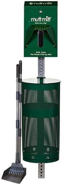 Mutt Mitt® Aluminum Low Profile Dog Waste Station - Gloss Green | 2-Ply | Compact aluminum station with 400 header bags, 25 liners, 12-gal can, locking dispenser, post & hardware included