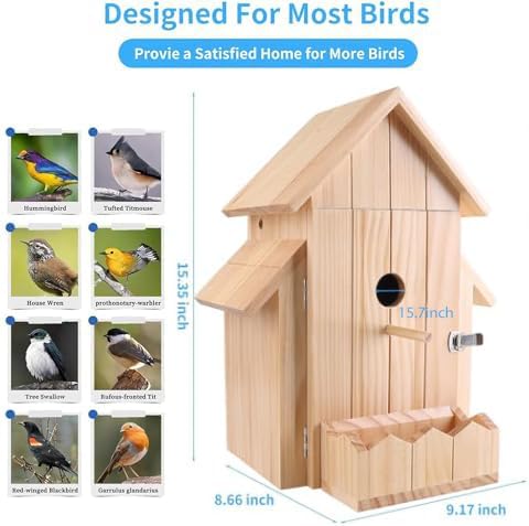 Smart Bird House with Camera, 1080p HD WiFi Outdoor Bird Box. Features Auto Capture Bird Video & Motion Detection, Night Vision, App Alerts and Serves as a Bird Nesting Box (Natural, Normal)