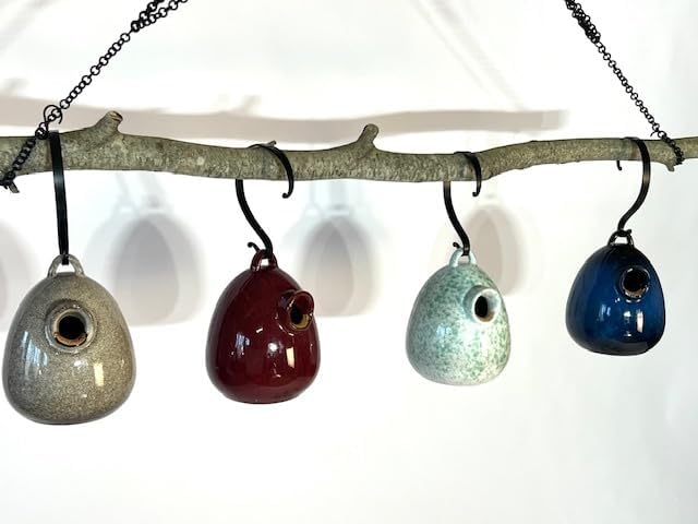 Byer of Maine Egg Bird Home for Small Songbirds, Cobalt Blue, High Fired Porcelain Stoneware, Ceramic Bird House, Glaze Finish, with Forged Steel Hook