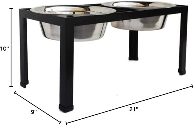 Pilsen Raised Dog Feeder - 10" Tall - Black, Metal - Elevated Pet Bowl Feeder with Stainless Steel Bowls