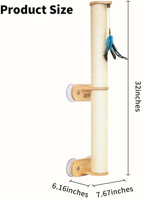 Lulu's World Cat Wall Scratcher,32" Tall No-Drill Wall Mounted Kitten Scratching Post, Cat Wall Furniture with 4 Suction Cups, Sturdy Sisal Climbing Tree Cat, Wall Shelves for Indoor （Natural Style）