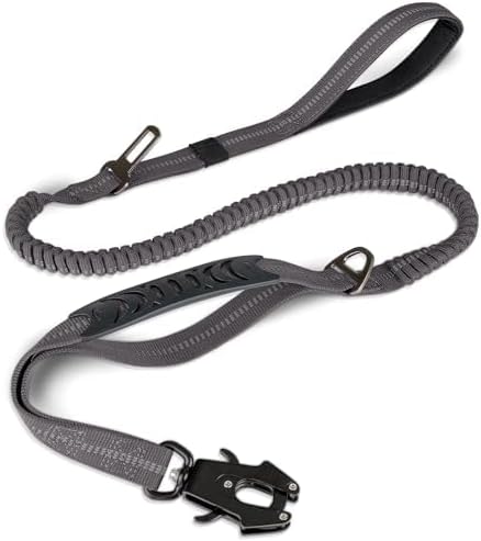 Joytale Tactical Bungee Dog Leash, Shock Absorbing No Pull, Gray | for Large Dogs That Pull, 2 Padded Handles for Control, Car Seatbelt Clip, Reflective for Night Safety, Metal Frog Clip