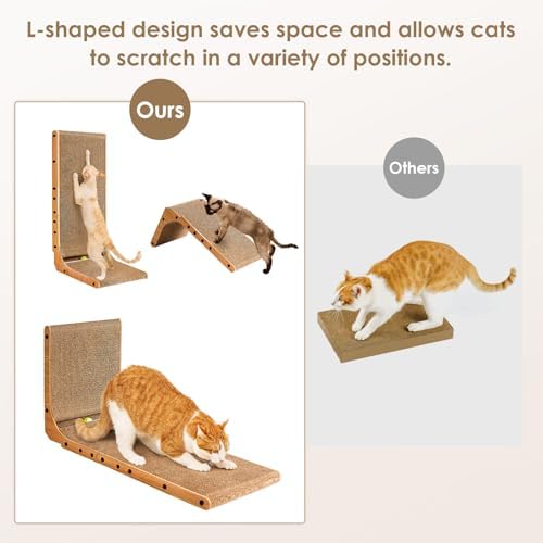 EHEYCIGA Cardboard Cat Scratcher for Indoor Cats, 26.8 Inch L Shaped Vertical Cat Scratching Board with Ball Cat Toy, Large Cat Scratcher Pad, Brown (Pack of 2)