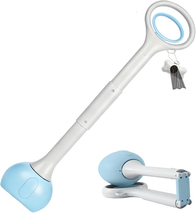 Pooper Scooper with Long Handle 28”, Heavy Duty & Foldable, No Touch Waste Pickup Tool for Large Medium Small Dogs,Portable for Lawn Grass Dirt Gravel, Includes 1 Rolls Waste Bags (Blue-Large)