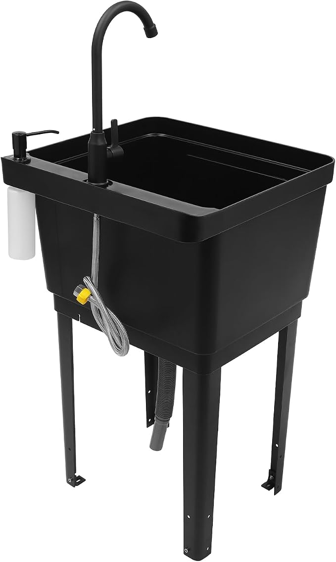 Tall Freestanding Plastic Utility Sink with Rotatable Faucet Black | Equipped with Hose Hook Up, Built-In Soap Box and Soap Dispenser, Four Iron Support Feet, Suitable for Laundry and Pet Bath