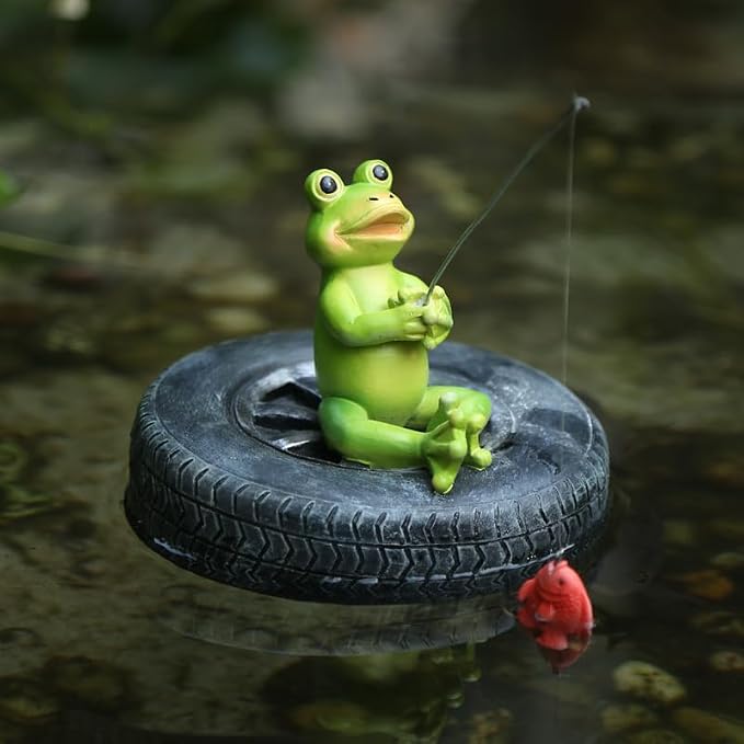 Pond Decoration, Green Resin Statue, Water Landscape Garden, Floating Decoration (Fishing for Frogs)