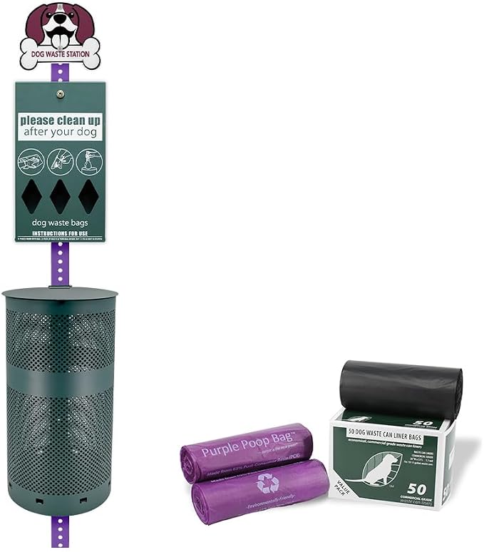 Zero Waste USA - Aluminum Dog Waste Station with Bags - Purple & Green | Purple dog design with rust-proof aluminum station, 400 roll bags, 25 liners, locking dispenser, 10-gallon waste can