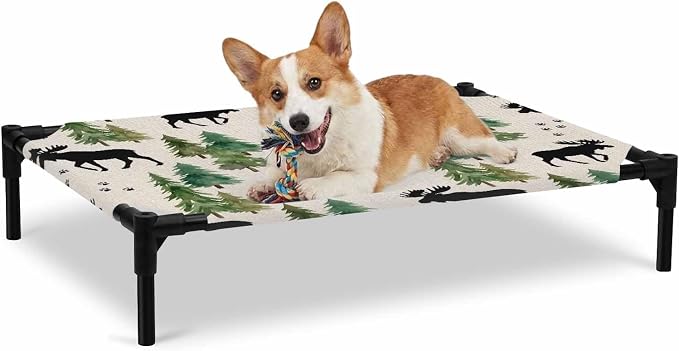 Outdoor Elevated Dog Bed for Large Dogs, Black Green Moose Breathable Cooling Raised Dog Cot for Indoor/Outdoor, Modern Animals Trees Rustic Waterproof Elevated Pet Beds, L 28 x 22 in