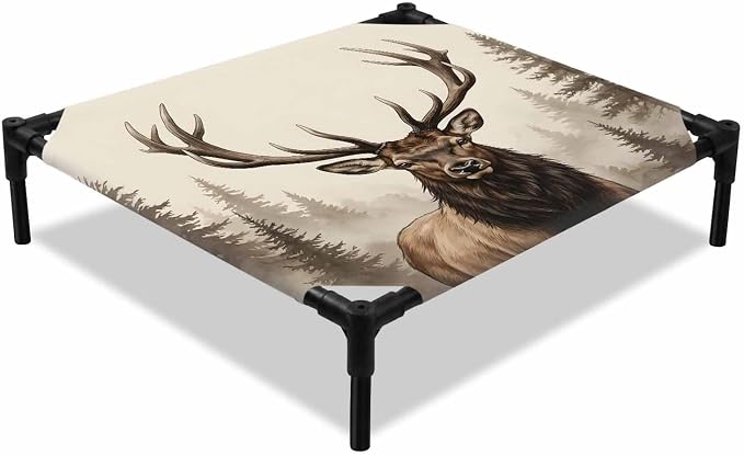 Outdoor Elevated Dog Bed for Small Dogs, Brown Elk Breathable Cooling Raised Dog Cot for Indoor/Outdoor, Farm Pine Forest Tree Wildlife Rustic Waterproof Elevated Pet Beds, S 20 x 20 in