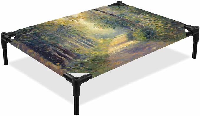 Outdoor Elevated Dog Bed for Large Dogs, Farmhouse Forest Breathable Cooling Raised Dog Cot for Indoor/Outdoor, Pastoral Country Sun Light Trees Waterproof Elevated Pet Beds, L 28 x 22 in