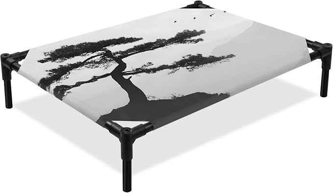 Outdoor Elevated Dog Bed for Medium Dogs, Pine Trees Breathable Cooling Raised Dog Cot for Indoor/Outdoor, Modern Nature Foreset Mountains Birds Waterproof Elevated Pet Beds, M 24 x 20 in
