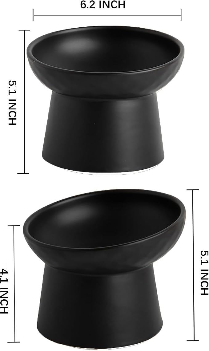 Elevated Cat Bowls, 15° Tilted Ceramic Raised Cat Food and Water Bowl Set, Whisker-Friendly Porcelain Pet Feeder Dishes for Indoor Cats and Small Dogs,Black,6.2 Inch,2 Pack