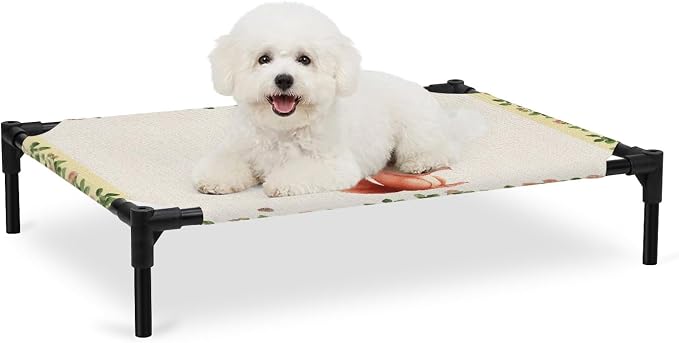 Outdoor Elevated Dog Bed for Medium Dogs, Country Squirrels Breathable Cooling Raised Dog Cot for Indoor/Outdoor, Farmhouse Rustic Flower Leaf Plant Beige Waterproof Elevated Pet Beds, M 24 x 20 in