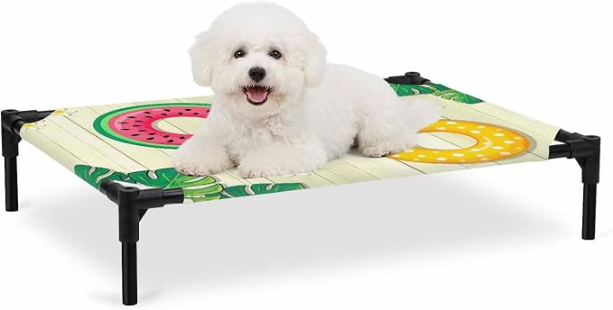 Outdoor Elevated Dog Bed for Medium Dogs, Summer Swimming Rings Breathable Cooling Raised Dog Cot for Indoor/Outdoor, Floral Plumeria Yellow Wooden Waterproof Elevated Pet Beds, M 24 x 20 in