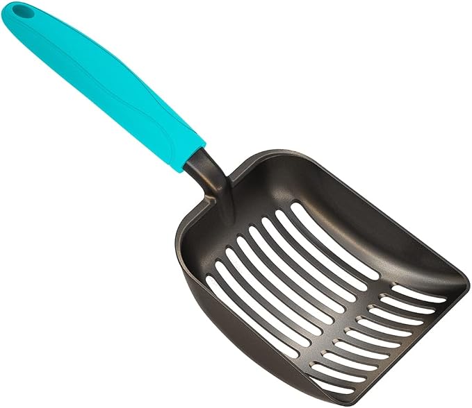 Cat Litter Scoop, Non-Stick Plated Aluminum Alloy Sifter, Kitty Durable Metal Scooper, Deep Shovel, Long Handle, Kitten Pooper Lifter, Size Medium, Coated Black Body with Turkish Blue Handle
