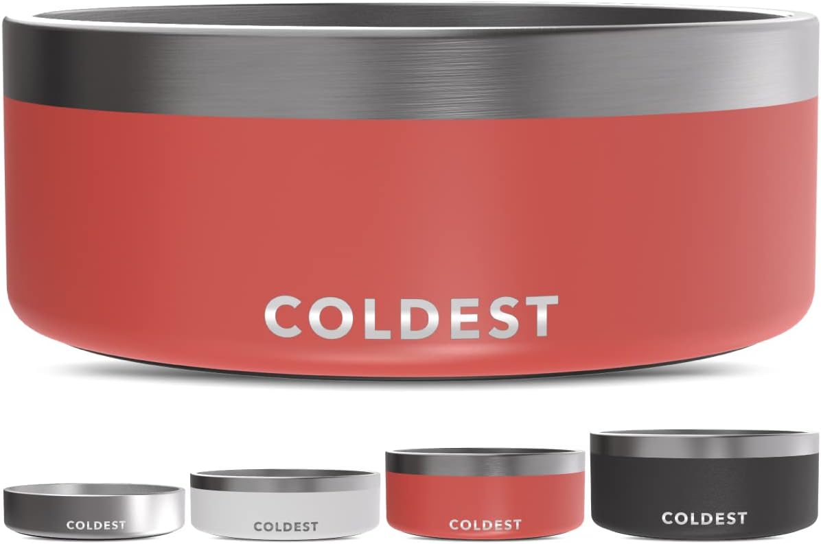 Coldest Dog Bowl - Anti Rust Metal, Non Slip, 3 Layers Insulated Stainless Steel Dog Bowls - Spill Proof & Heavy Duty - Water Bowl for Dogs, Cats & Pets, Dish Washer Safe (64 oz, Crimson Red)