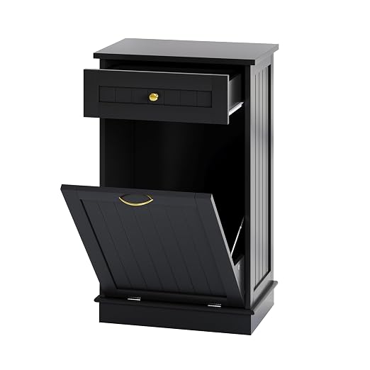 10 Gallon Tilt Out Trash Can Cabinet with Drawer Hidden Trash Cabinet Black | Cabinet with Drawers for Kitchen, Bathroom and Laundry Room