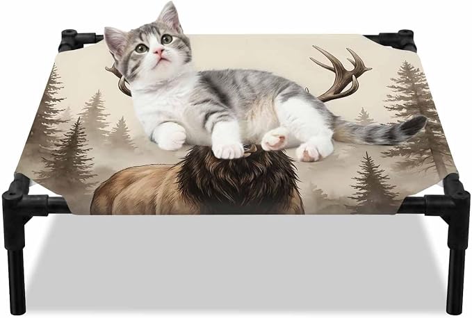 Outdoor Elevated Dog Bed for Small Dogs, Brown Elk Breathable Cooling Raised Dog Cot for Indoor/Outdoor, Farm Pine Forest Tree Wildlife Rustic Waterproof Elevated Pet Beds, S 20 x 20 in