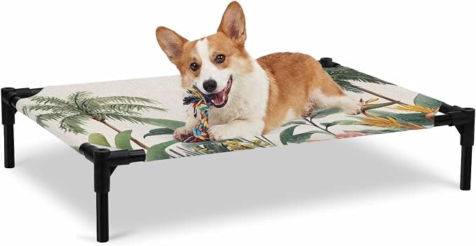 Outdoor Elevated Dog Bed for Large Dogs, Summer Palm Tree Breathable Cooling Raised Dog Cot for Indoor/Outdoor, Tropical Botanical Floral Coastal Rustic Waterproof Elevated Pet Beds, L 28 x 22 in