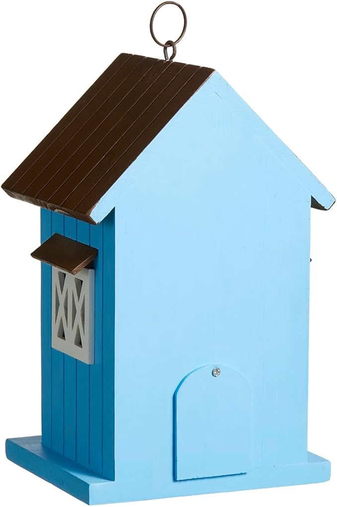Glitzhome Blue Bird Houses for Outdoors, 10" H Modern Solid Wood Cottage Hand Painted Hanging Bird House Beach Hut Decorative Pet Cottage Outdoor Garden Birdhouse for Wren Finch Cardinals,Blue