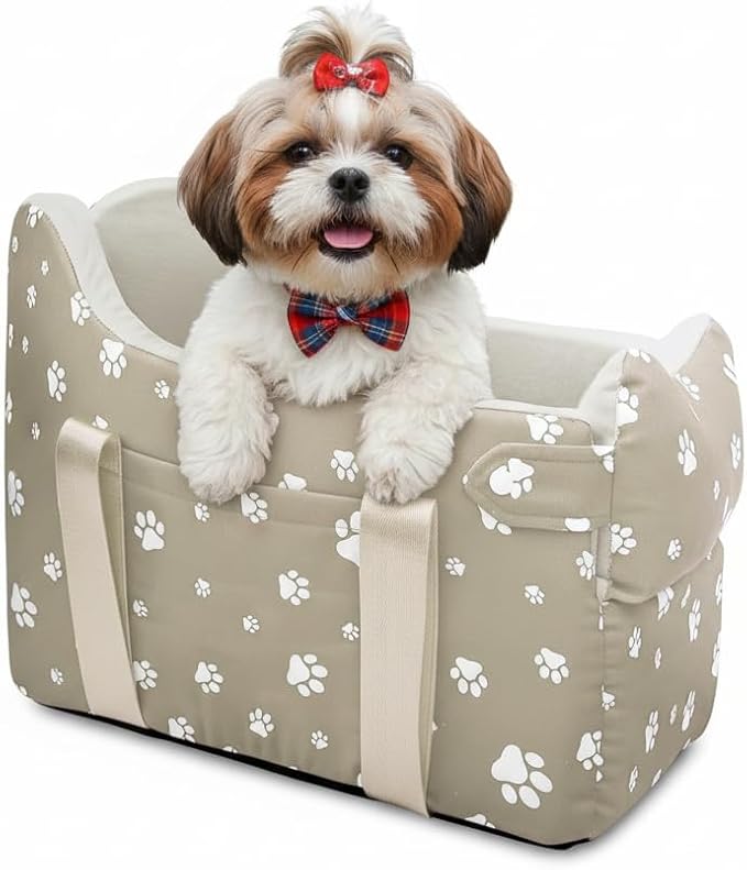 Dog Car Seat for Small Dogs (Under 15 lbs) – Center Console Pet Carrier with Safety Belt, Storage Pockets & Removable Washable Cover (Khaki Car Seat)