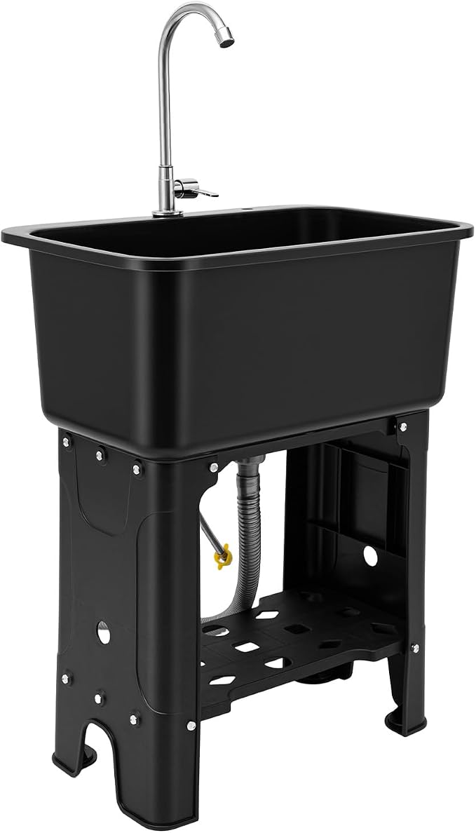 Plastic Outdoor Sink Utility Tub with Hose Hook Up Black | 110.23 lbs Load Capacity, 360° Swivel Faucet, Includes Washboard, Bottom Storage Board, Suitable for Garages and Gardens