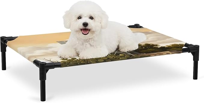 Outdoor Elevated Dog Bed for Medium Dogs, Windmill Breathable Cooling Raised Dog Cot for Indoor/Outdoor, Sunset Horizon Farmhouse Trees Waterproof Elevated Pet Beds, M 24 x 20 in