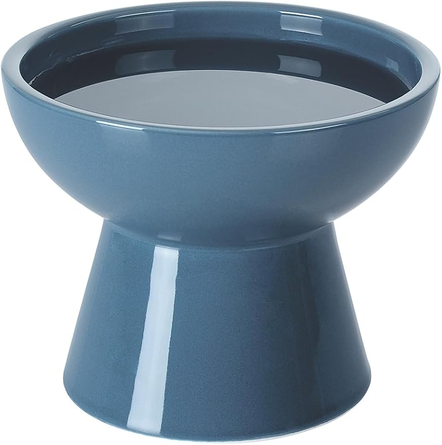 LoeJan Elevated Cat Food and Water Bowls Set, Extra Wide and Raised Ceramic Feeder, Anti-Vomit Whisker-Free Pressure Feeding Bowl for Kittens Adult Small Dogs (Deep Blue)