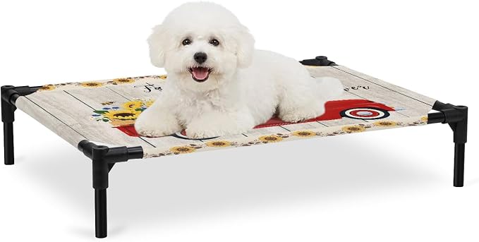 Outdoor Elevated Dog Bed for Medium Dogs, Sunflowers Breathable Cooling Raised Dog Cot for Indoor/Outdoor, Country Botanical Bees Red Truck Wooden Plank Waterproof Elevated Pet Beds, M 24 x 20 in