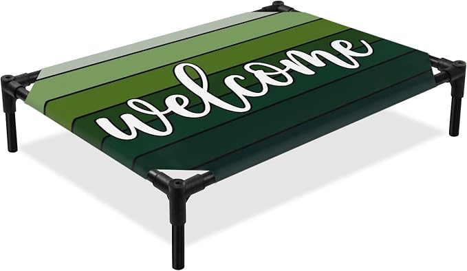 Outdoor Elevated Dog Bed for Medium Dogs, Green Wooden Grain Breathable Cooling Raised Dog Cot for Indoor/Outdoor, Ombre Farmhouse Country Wood Plank Waterproof Elevated Pet Beds, M 24 x 20 in