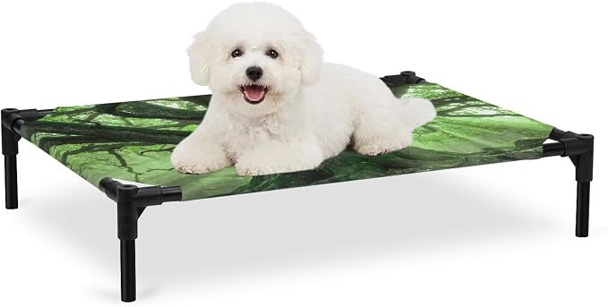 Outdoor Elevated Dog Bed for Medium Dogs, Green Trees Breathable Cooling Raised Dog Cot for Indoor/Outdoor, Sunlight Forest Branches Nature Scenery Waterproof Elevated Pet Beds, M 24 x 20 in